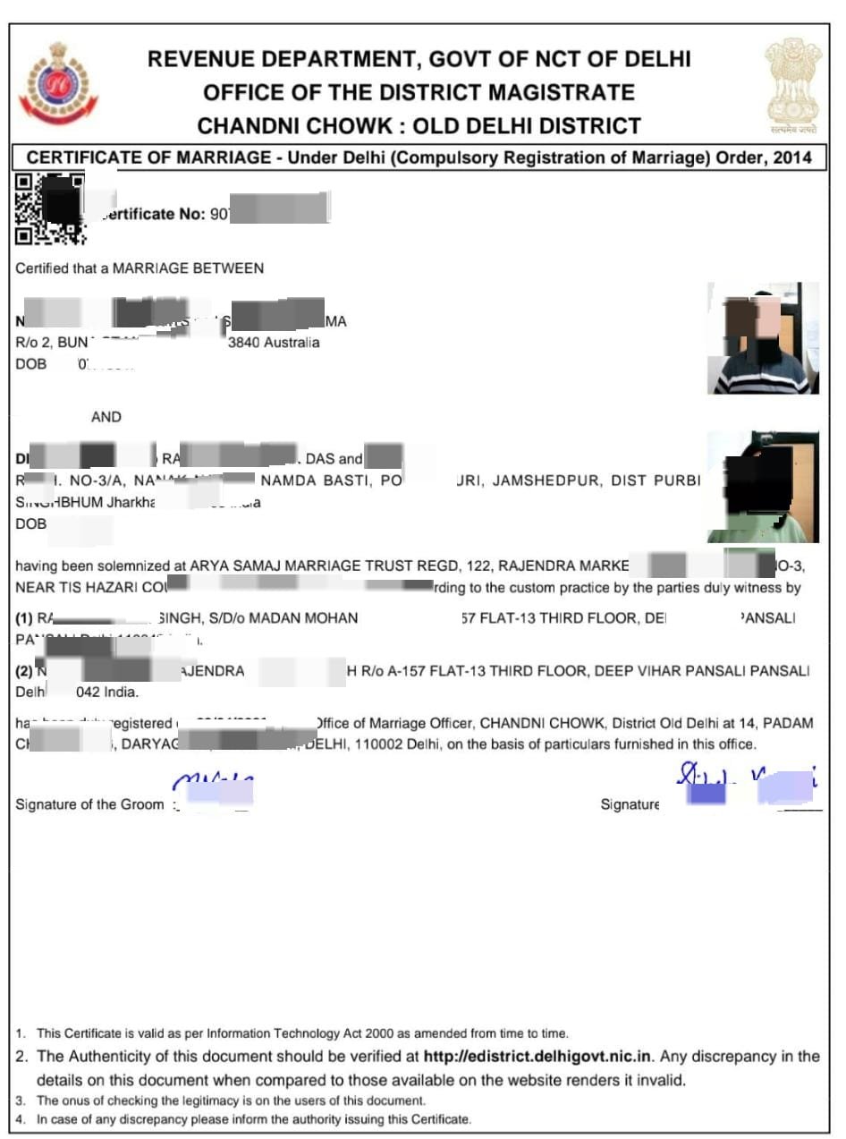 Delhi Government Marriage Certificate Chandni Chowk District sample